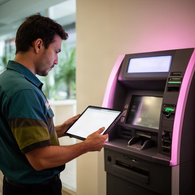 ATM technician reviewing error codes on a diagnostic tablet beside a Singapore cash machine